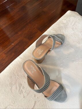 Women's Grey Perforated Block Heel Sandals